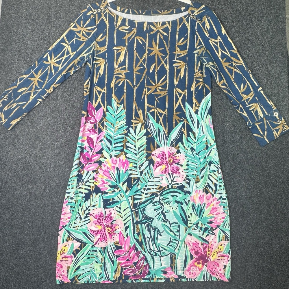 Lilly Pulitzer Sophie Dress S Blue Gold Bamboo Tropical Print 3/4 Sleeve EUC